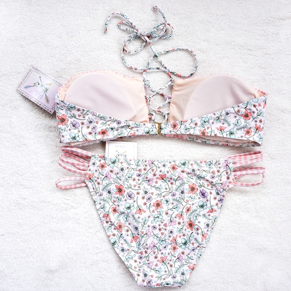 NWT White Floral Strappy Cheeky Bandeau Bikini Set - Picture 3 of 6